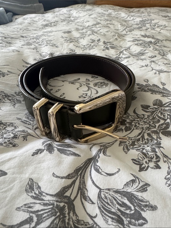 Sezane Green Leather Belt with Gold Buckle